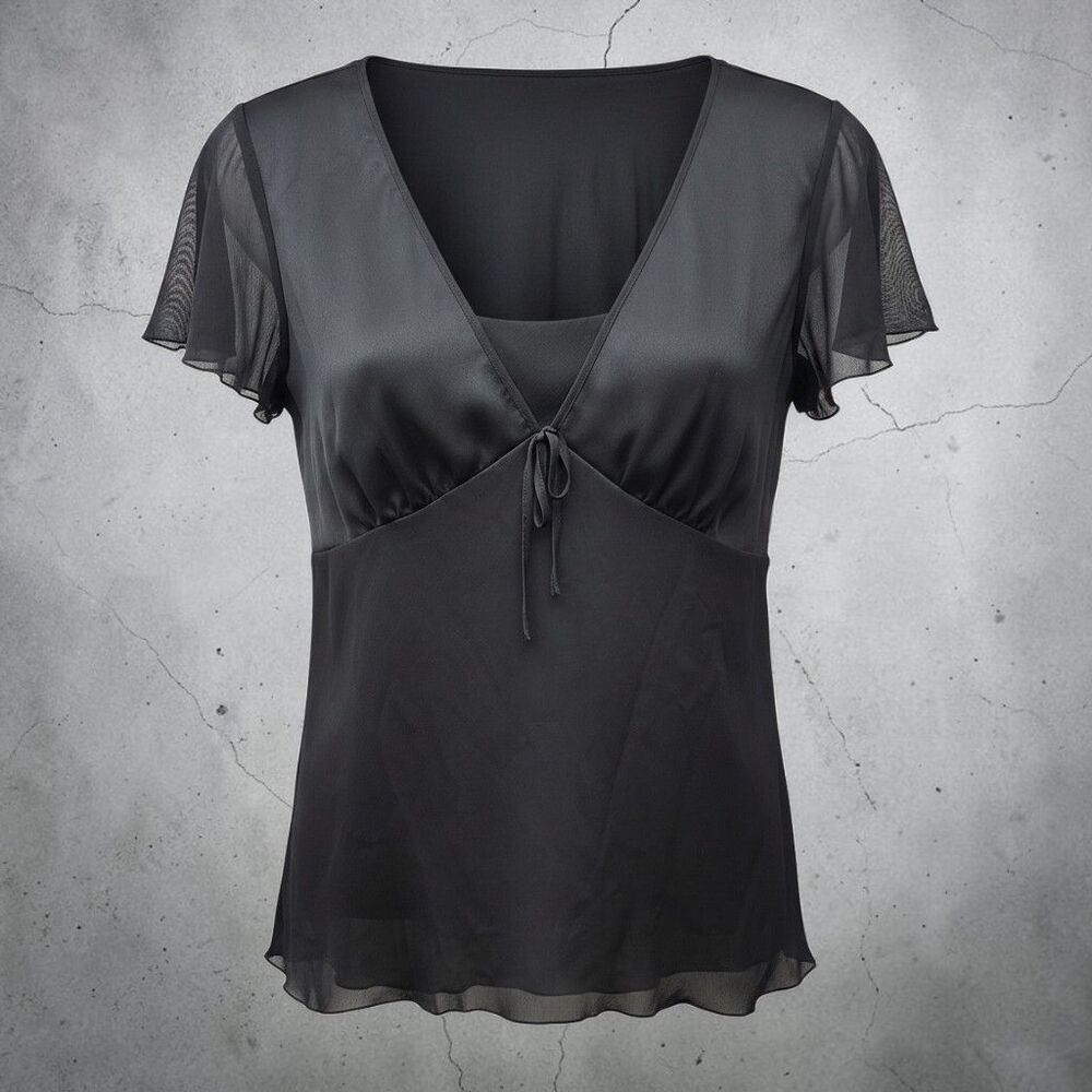 BIYAYCDA Career Blouse Womens XL Black V-Neck Flutter Sleeves VTG Y2K Whimsigoth